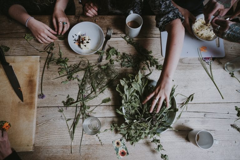 Family chopping herbs