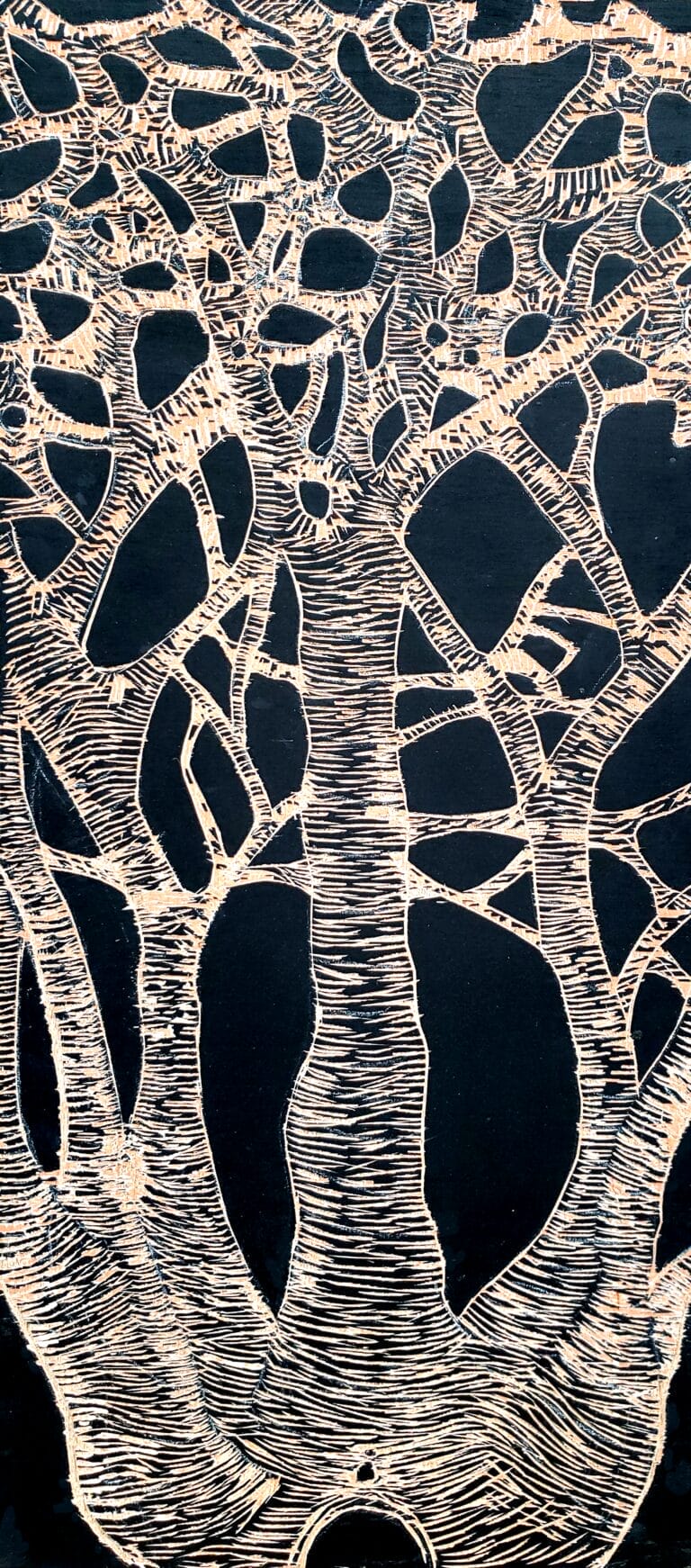 little person sitting at base of trees whose branches are anastomosing together