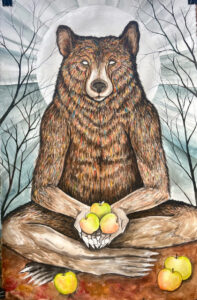 a painting of a bear human with a glowing moon and curving bare trees, the bear is holding out apples in their hands