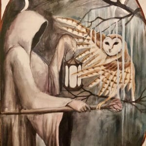An owl meeting a hooded person carrying a staff and a lantern, a hermit or devotee