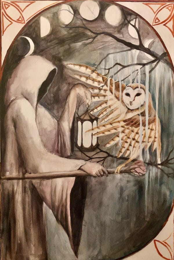 An owl meeting a hooded person carrying a staff and a lantern, a hermit or devotee