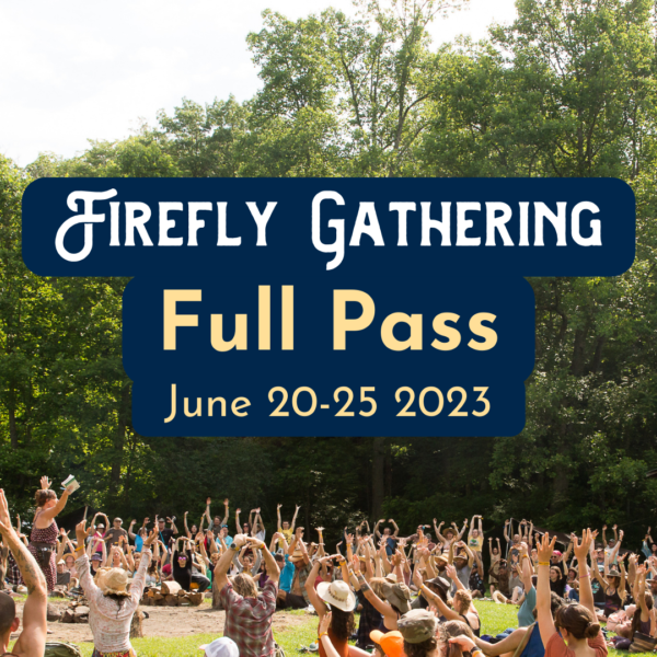 Firefly Gathering Full Pass June 20-25 picture of hundreds of people at the 2022 raising their arms to the forest and sky