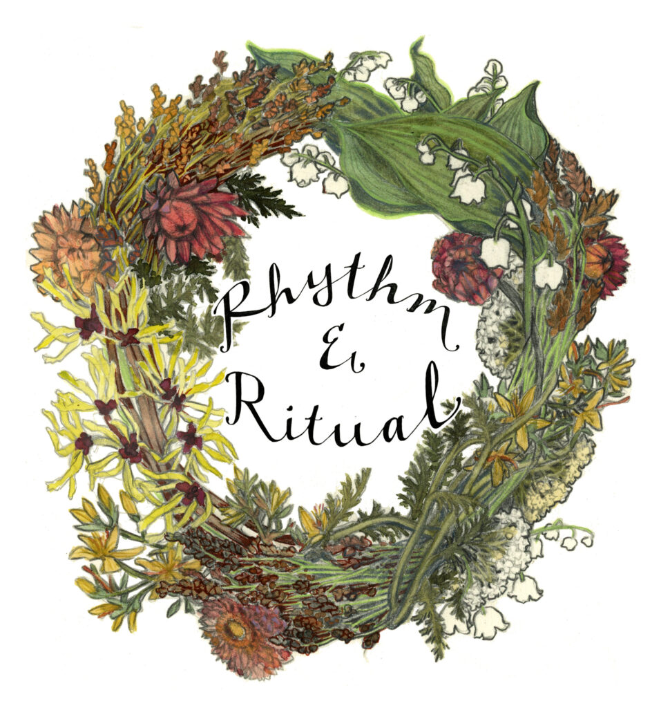 Logo image of a wreath surrounding the words "Rhythm and Ritual"